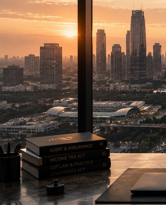 Audit, income-tax, GST and companies-act volumes on a partner's desk above the city at golden hour